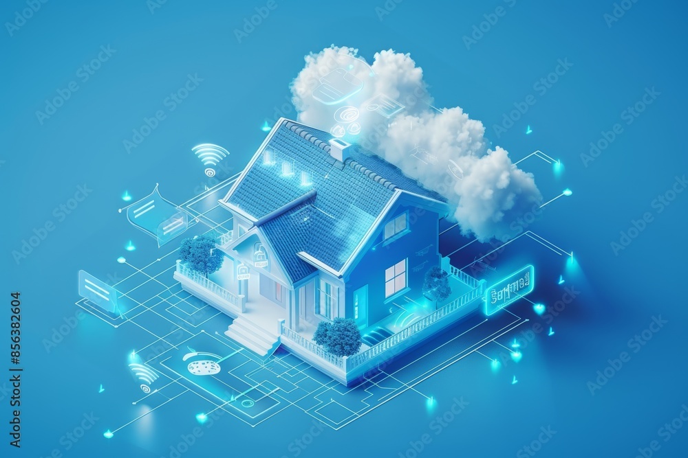 isometric view of smart home technology with cloud in blue background ...