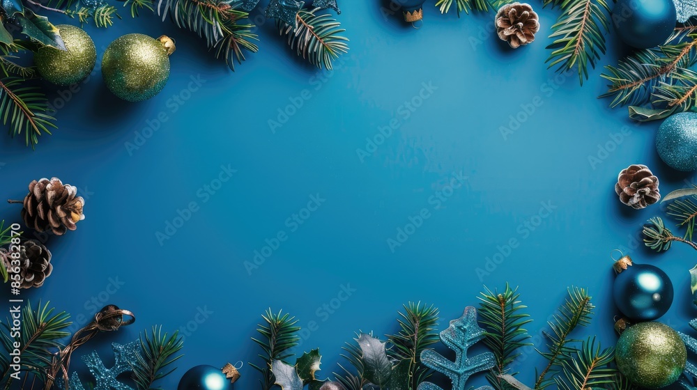 Christmas arrangement with blue decor on blue backdrop blank space Overhead view Flat lay Christmas arrangement with blue decor on blue backdrop blank space Overhead view Flat lay