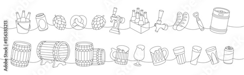 Beer one line continuous drawing. Wooden barrels, cans, mugs, metal keg, bottle opener, sausages, tap, hop cone continuous one line illustration.