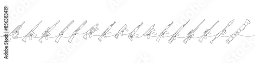 Weapons one line continuous drawing. Tactical assault rifles, smoothbore guns, AK 47, sniper rifles, anti-tank grenade launchers