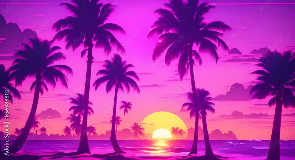 Vaporwave palm trees on the beach at sunset Retrowave background 4k Vaporwave palm trees on the beach at sunset Retrowave background 4k
