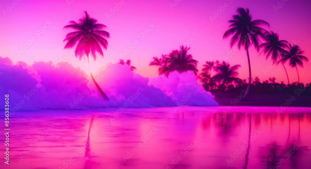 Vaporwave palm trees on the beach at sunset Retrowave background 4k Vaporwave palm trees on the beach at sunset Retrowave background 4k