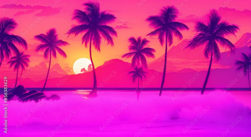 Vaporwave palm trees on the beach at sunset Retrowave background 4k Vaporwave palm trees on the beach at sunset Retrowave background 4k