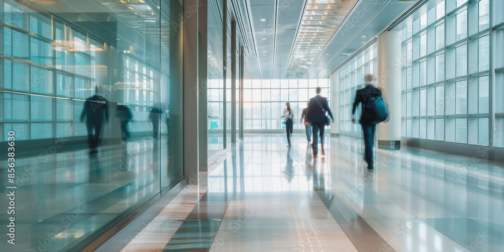 Business people rushing through modern office building corridor Business people rushing through modern office building corridor