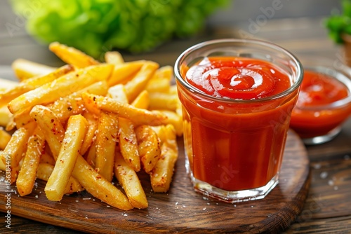 Delicious hard chucks with ketchup on wooden table photo