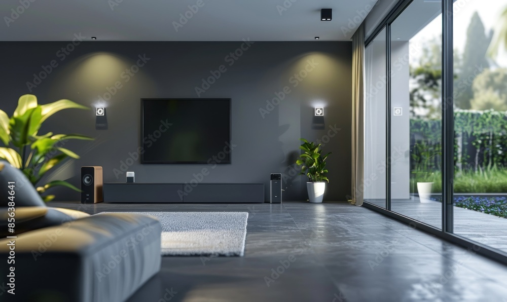 Modern Living Room with Glass Doors and a Flat-Screen TV Modern Living Room with Glass Doors and a Flat-Screen TV