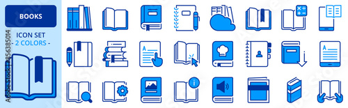 Icons in two colors about books.