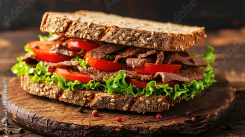 Healthy multigrain sandwich with beef tomatoes and lettuce Ideal for lunch with space for text