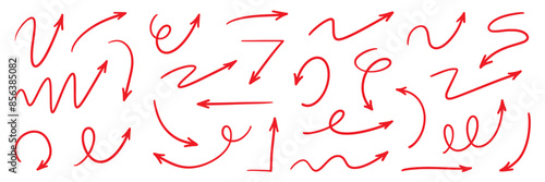Arrow vector red hand drawn sketch icon set. Doodle sketch drawn red direction element set. Pencil doodle line graphic design elements. Handwritten direction arrow background. Vector illustration.