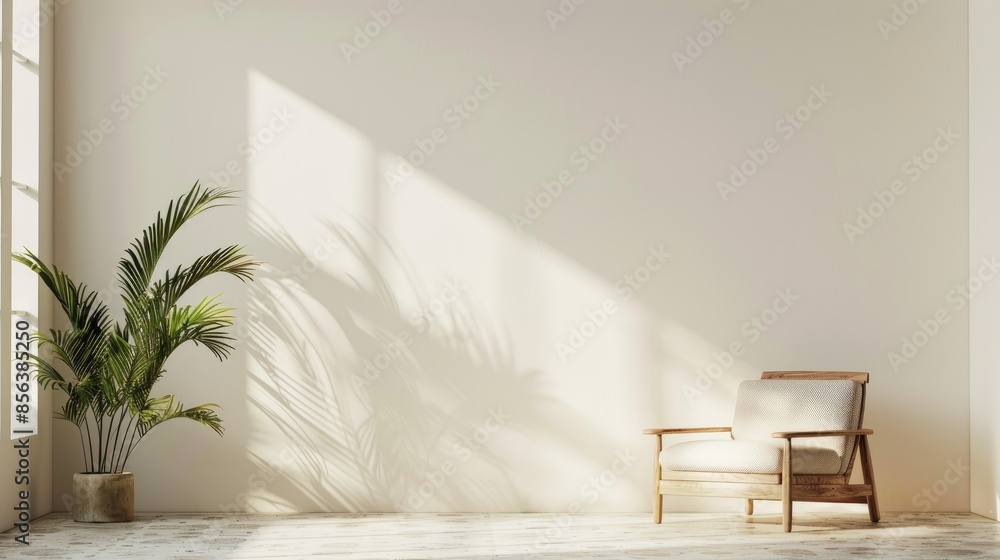 Fototapeta premium Stylish room with wooden armchair beside light wall