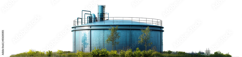 Fototapeta premium Blue cylindrical storage tank outdoors png isolated on transparent background