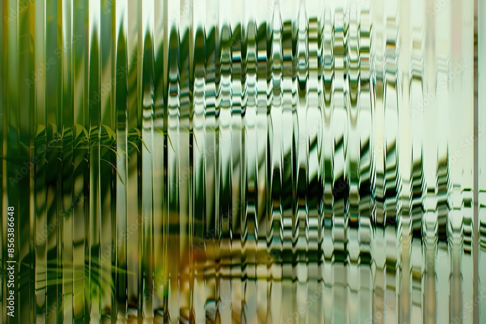 Green palm with reeded glass. Fashion and health background. Empty spa with transparent glass. Subtle blur effect with morning lights. White Ribbed Background. Green palm with reeded glass. Fashion and health background. Empty spa with transparent glass. Subtle blur effect with morning lights. White Ribbed Background.