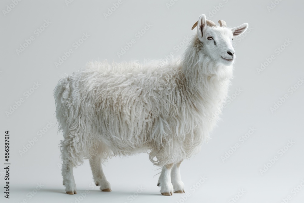 the beside view Alpine Goat standing, left side view, white copy space on right isolated on white background the beside view Alpine Goat standing, left side view, white copy space on right isolated on white background