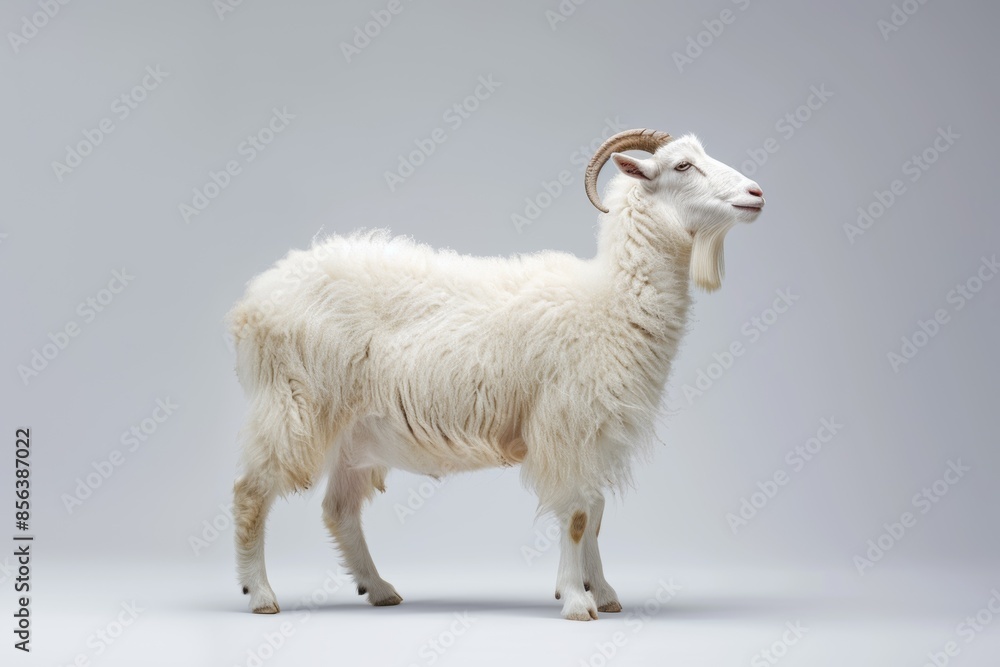 the beside view Alpine Goat standing, left side view, white copy space on right isolated on white background the beside view Alpine Goat standing, left side view, white copy space on right isolated on white background