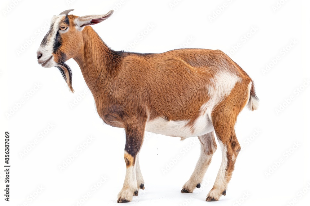 the beside view Anglo-Nubian Goat standing, left side view, white copy space on right isolated on white background the beside view Anglo-Nubian Goat standing, left side view, white copy space on right isolated on white background