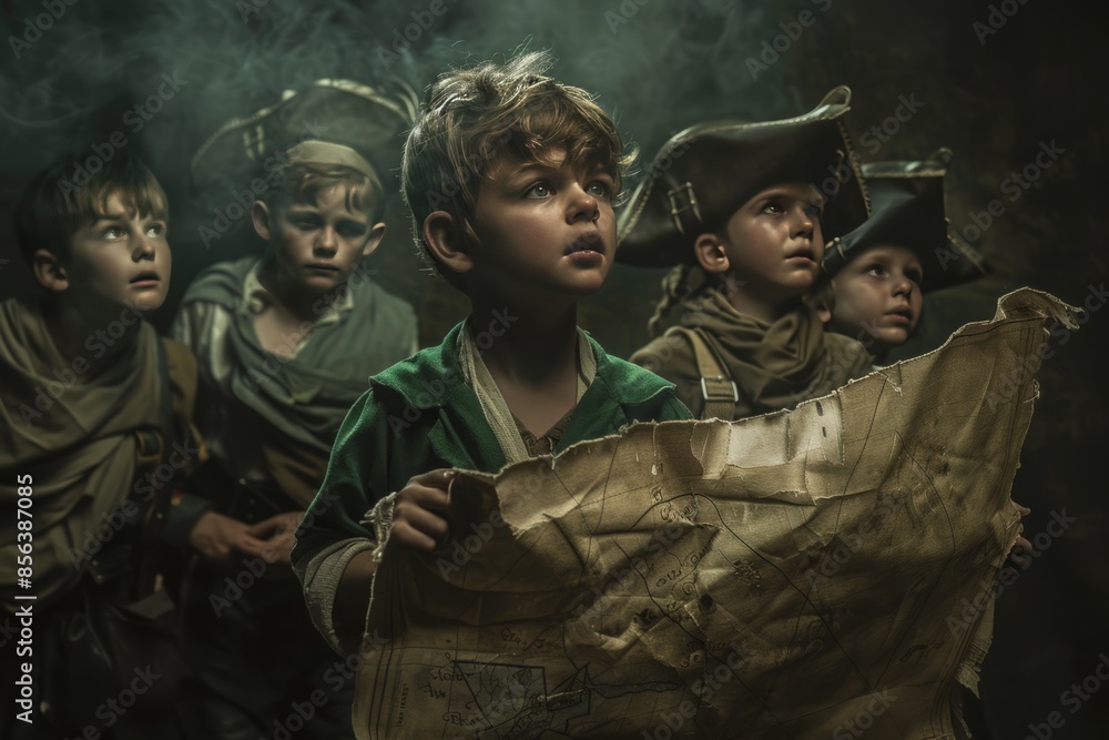 Peter Pan leading the Lost Boys on an exciting treasure hunt, with a treasure map and pirate clues. Peter Pan leading the Lost Boys on an exciting treasure hunt, with a treasure map and pirate clues.