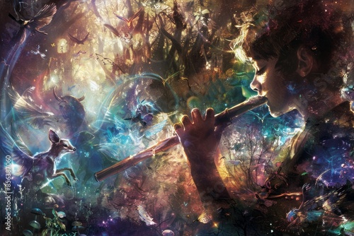 An artistic portrayal of Peter Pan playing his flute, surrounded by enchanted animals and a magical aura