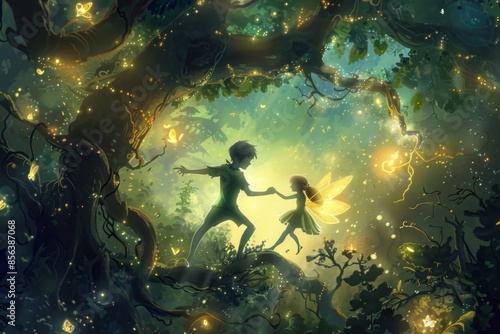 An enchanting illustration of Peter Pan and Tinker Bell exploring a mystical forest, with glowing fairies and creatures 