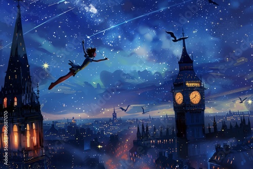 An illustration of Peter Pan flying over the rooftops of London, with Big Ben in the background and a starry night sky