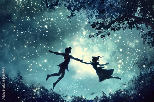 Peter Pan and Wendy dancing in the air above Neverland, with pixie dust sparkling around them 