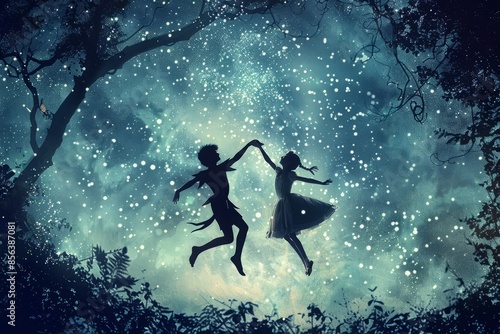 Peter Pan and Wendy dancing in the air above Neverland, with pixie dust sparkling around them 