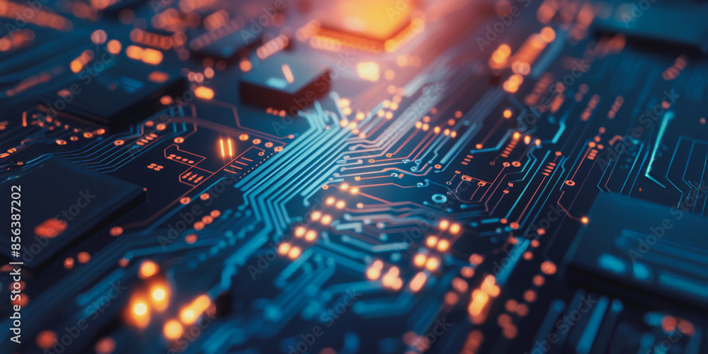 Close-up view of a circuit board with glowing traces and integrated circuits Close-up view of a circuit board with glowing traces and integrated circuits