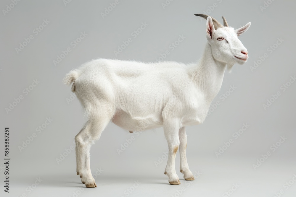 the beside view Kacang Goat standing, left side view, white copy space on right isolated on white background the beside view Kacang Goat standing, left side view, white copy space on right isolated on white background
