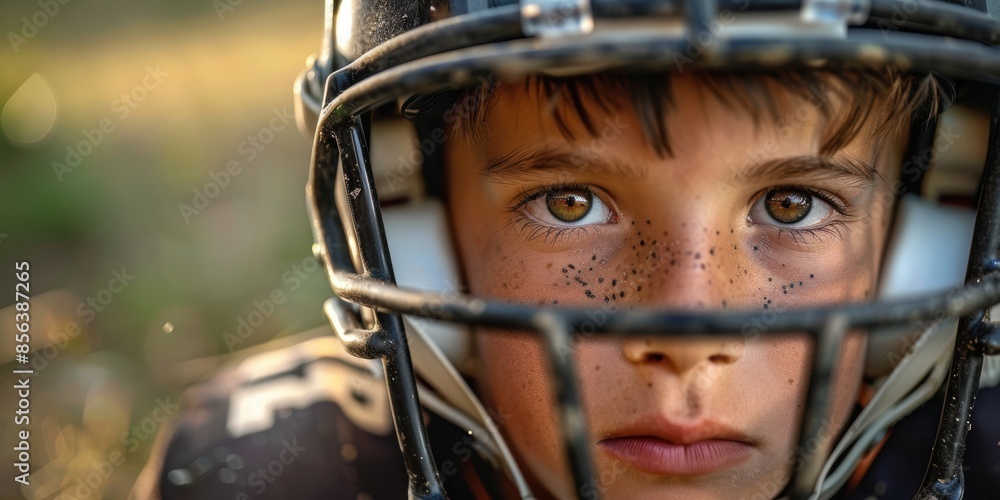 A young football player wearing a helmet and wearing a dejected expression. A young football player wearing a helmet and wearing a dejected expression.
