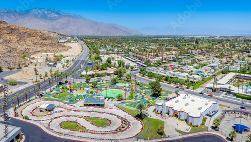 Cuadro en lienzo Aerial cityscape view of Cathedral City and Highway 111 during summer, looking t