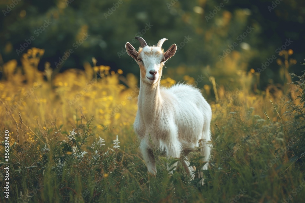Naklejka premium View from beside body of a three Etawah goat standing on grass, Awe-inspiring, Full body shot ::2 low Angle View