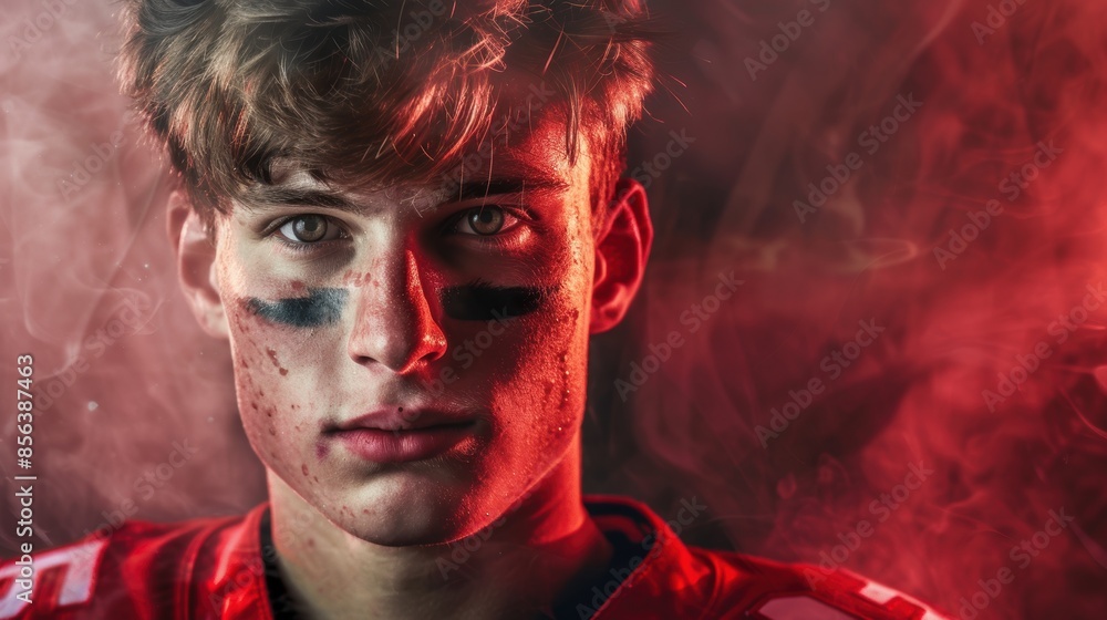 The sky is red. American football player in action in a stadium, shown as a young man against a smoke-filled backdrop. Sport, goal-setting, activity, sportlife idea, and challenge. The sky is red. American football player in action in a stadium, shown as a young man against a smoke-filled backdrop. Sport, goal-setting, activity, sportlife idea, and challenge.