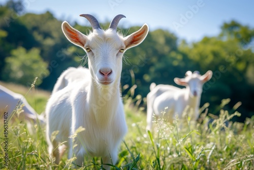 View from beside body of a three Anglo-Nubian goat standing on grass, Awe-inspiring, Full body shot ::2 low Angle View