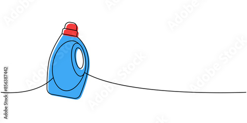 Bottle with detergent liquid, toilet cleaner one line colored continuous drawing. Cleaning service tools continuous one line illustration.