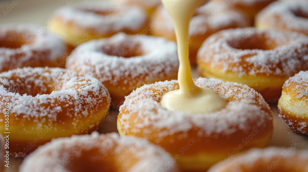 Donuts being filled with creamy vanilla. National Doughnut Day concept. Donuts being filled with creamy vanilla. National Doughnut Day concept.