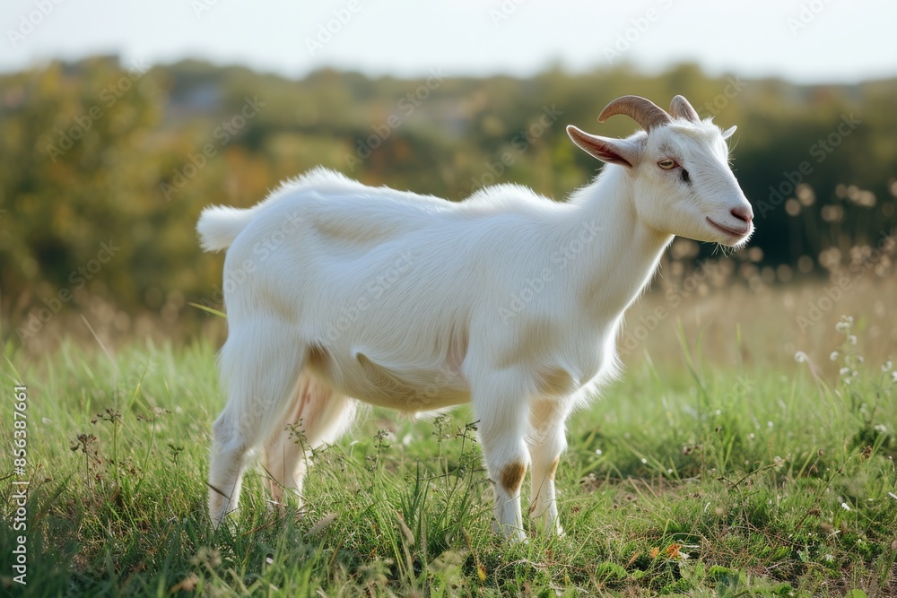 Fototapeta premium View from side body of a boer goat standing on grass, Awe-inspiring, Full body shot ::2 Side Angle View