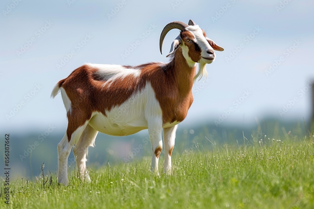 Fototapeta premium View from side body of a boer goat standing on grass, Awe-inspiring, Full body shot ::2 Side Angle View