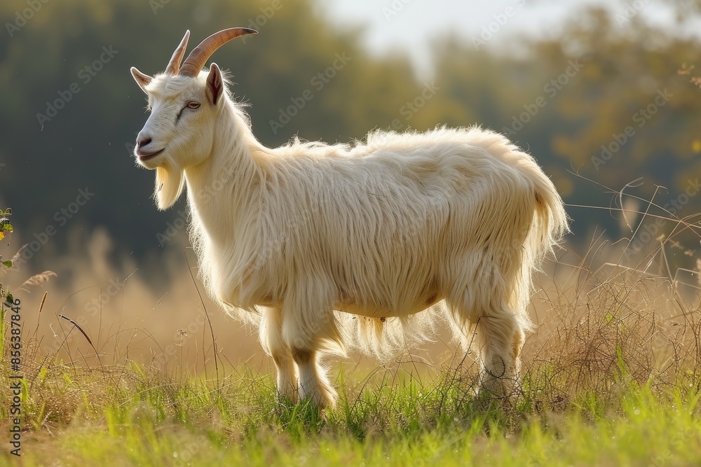 Fototapeta premium View from side body of a Saanen goat standing on grass, Awe-inspiring, Full body shot ::2 Side Angle View