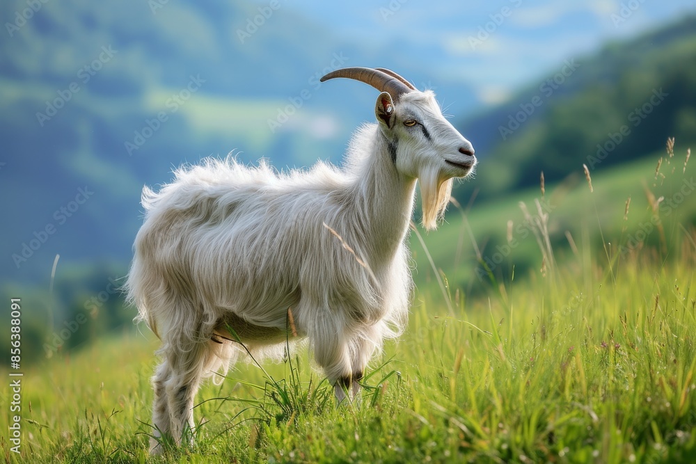 Naklejka premium View from side body of a Toggenburg goat standing on grass, Awe-inspiring, Full body shot ::2 Side Angle View