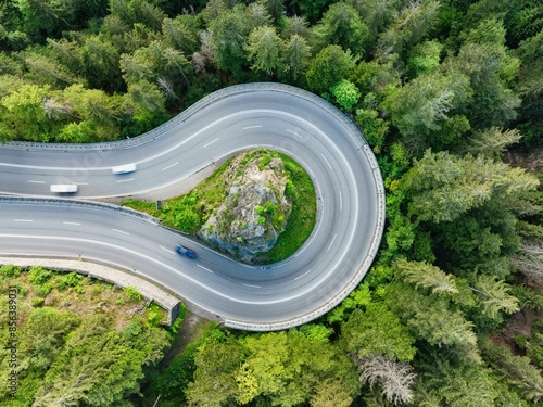 Aerial view, top down view from the federal road B31, Kreuzfelsenkurve in the southern Black Forest, Breisgau-Hochschwarzwald, Baden-Wuerttemberg, Germany, Europe photo