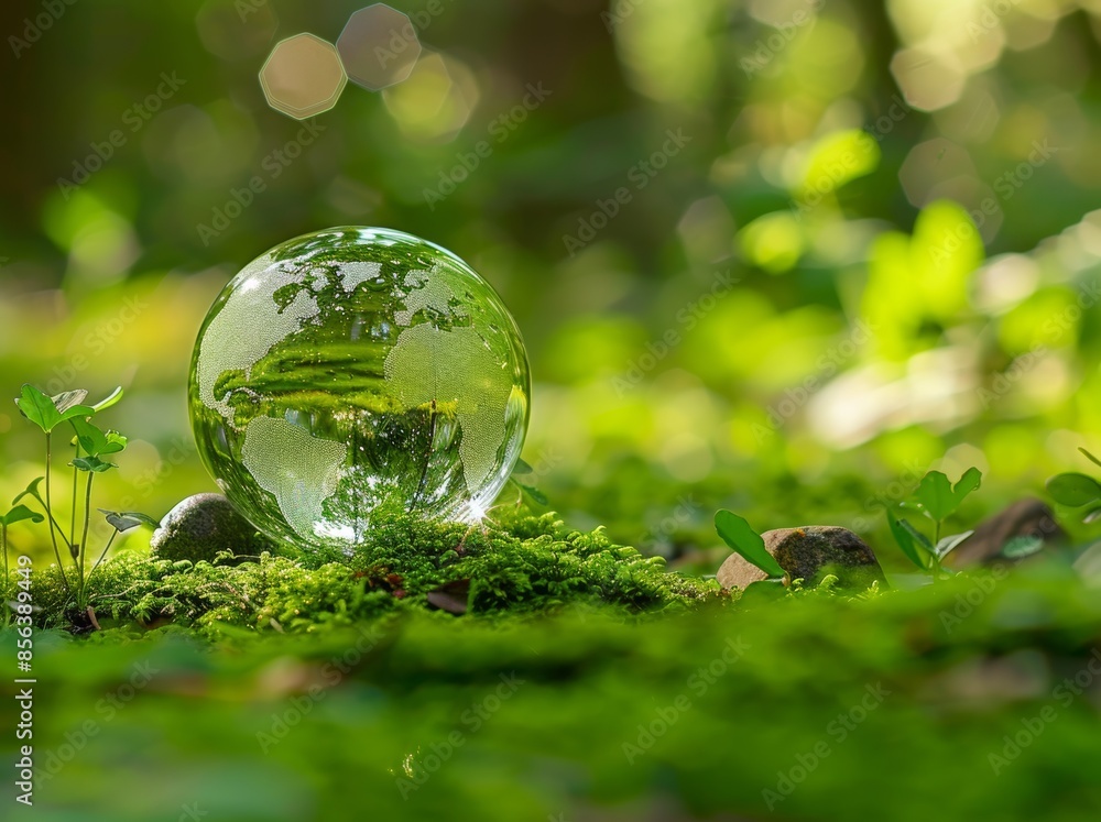 European forest with moss on the globe - concept of the environment European forest with moss on the globe - concept of the environment