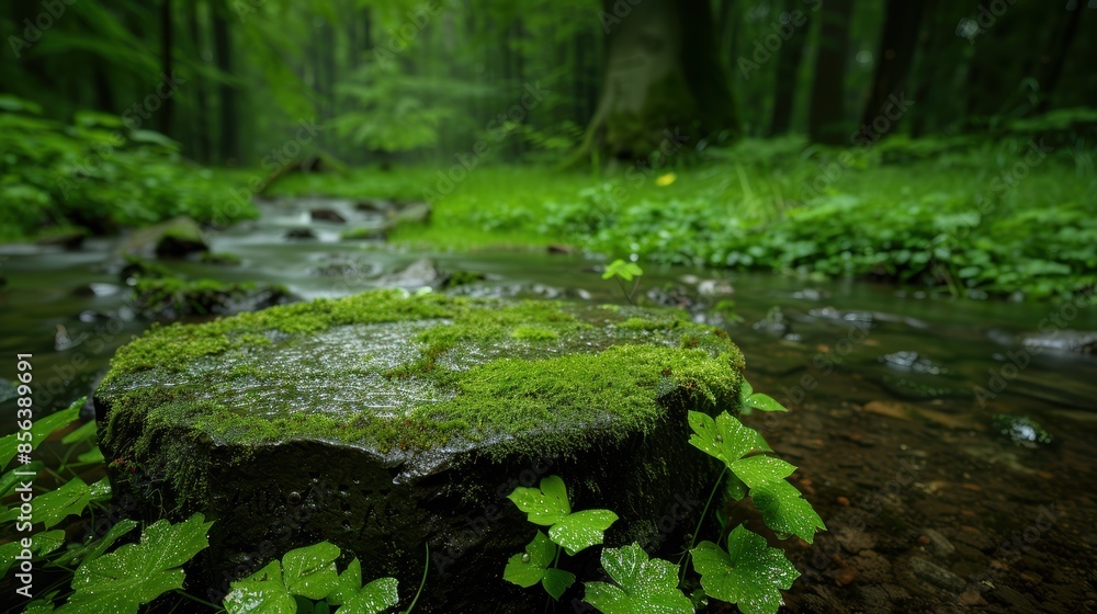 Lush green forest with moss-covered rock and flowing stream Lush green forest with moss-covered rock and flowing stream