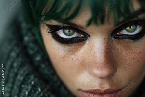 Intense green-eyed woman with dramatic makeup photo