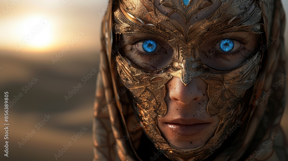 Mysterious woman with golden mask and piercing blue eyes Mysterious woman with golden mask and piercing blue eyes