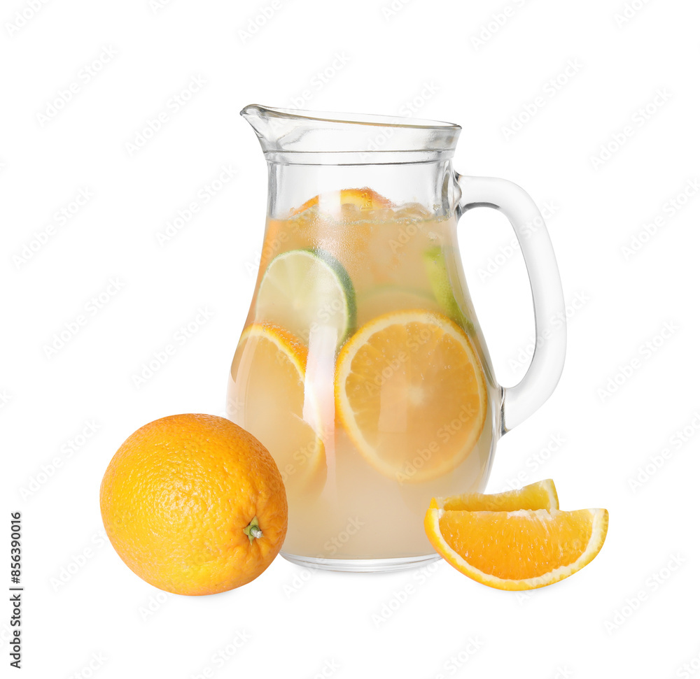 Freshly made lemonade with oranges and lime isolated on white Freshly made lemonade with oranges and lime isolated on white