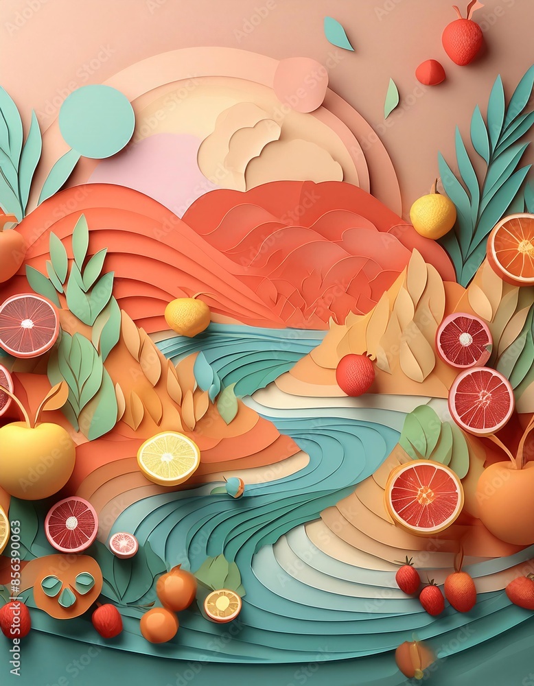 Fresh fruit illustration featured on a creative paper fold background. elements of nature and the art of paper folding, generative ai Fresh fruit illustration featured on a creative paper fold background. elements of nature and the art of paper folding, generative ai