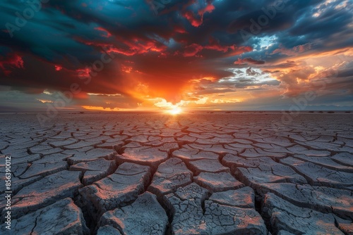 The sunset is dramatic over cracked earth, with a desert landscape background. photo