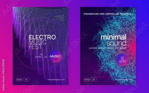 Edm Banner. Sound Concert Element. Soundwave Audio Illustration. Violet Night Club Set. Discotheque Design. Trance Vector. Pink Party Flyer. Blue Edm Banner