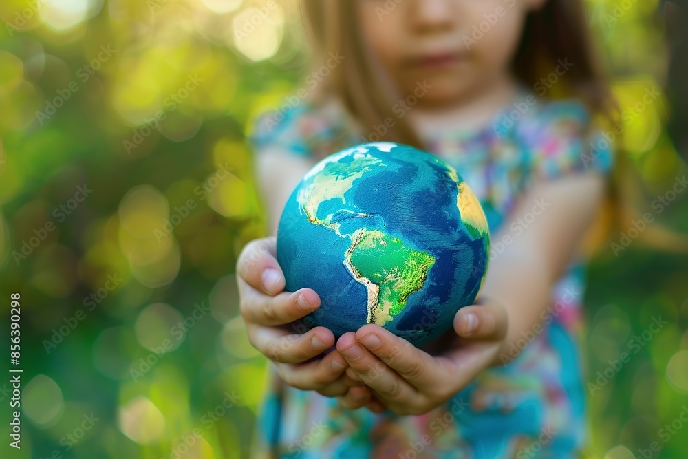 Child holding planet in hands against green blurred background.