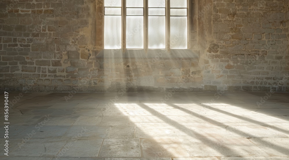 Sunlit empty room with stone walls and tile floor Sunlit empty room with stone walls and tile floor