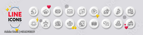 Home moving, Sunset and Burger line icons. White buttons 3d icons. Pack of Podcast, Certificate, Armed robbery icon. Approved, Target path, Food order pictogram. Vector